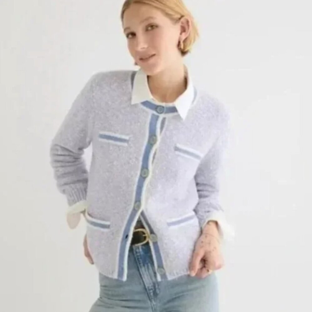 J. Crew Wool Blend Tweed Chunky Knit Heritage Preppy Sweater Cardigan Jacket XL